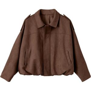 EVALESS Womens Faux Suede Bomber Jackets Long Sleeve Spring Coats Zip Up Cropped Jacket Trendy Outerwear with Pockets(Chicory Coffee)