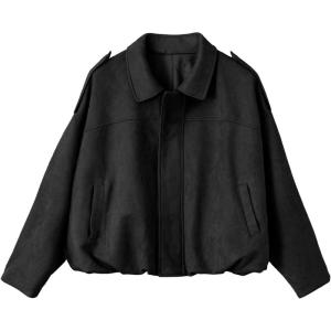 EVALESS Womens Faux Suede Bomber Jackets Long Sleeve Spring Coats Zip Up Cropped Jacket Trendy Outerwear with Pockets(Color Black)