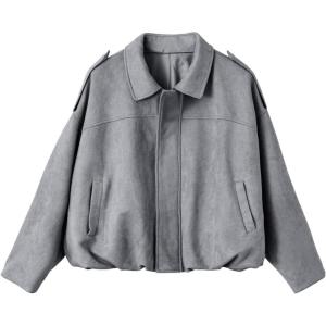 EVALESS Womens Faux Suede Bomber Jackets Long Sleeve Spring Coats Zip Up Cropped Jacket Trendy Outerwear with Pockets(Medium Grey)