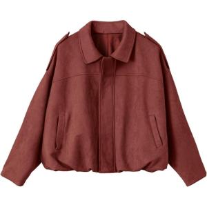 EVALESS Womens Faux Suede Bomber Jackets Long Sleeve Spring Coats Zip Up Cropped Jacket Trendy Outerwear with Pockets(Red Sandalwood)