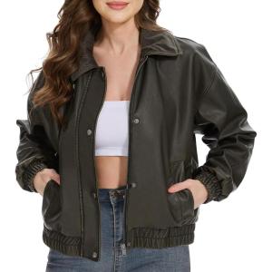Fahsyee Women’s Faux Leather Jacket Oversized Moto Biker Coat Vintage with Corduroy Collar S-XXL