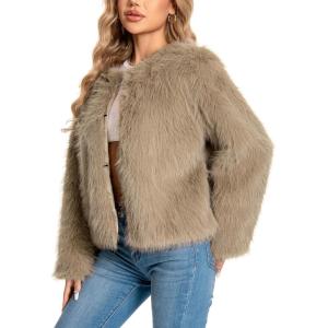 Fur Coats For Women, 2025 Plus Size Faux Fuzzy Jacket Fluffy Long Sleeve Winter Coat with Pockets.(Khaki)