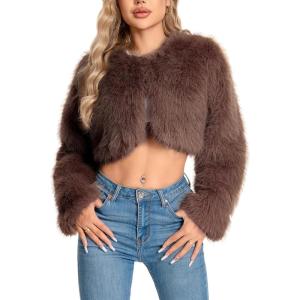 Fur Coats For Women,Plus Size Cropped Faux Fuzzy Jacket Fluffy Fall Coat.(Brown)