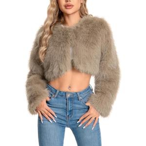 Fur Coats For Women,Plus Size Cropped Faux Fuzzy Jacket Fluffy Fall Coat.(Khaki)