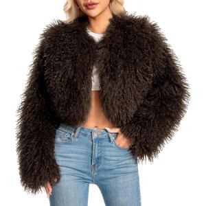 Fur Coats For Women,Plus Size Cropped Mongolian Faux Fuzzy Jacket Fluffy Fall Coat.(Coffee)