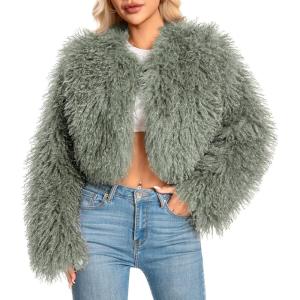 Fur Coats For Women,Plus Size Cropped Mongolian Faux Fuzzy Jacket Fluffy Fall Coat.(Green Ash)