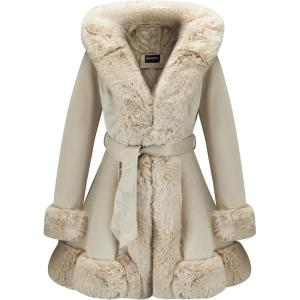 GRAN ORIENTE Suede Jacket for Women with Faux Fur Collar,Long Sleeve Warm Winter Parka Coat with Belt Outerwear(Beige)