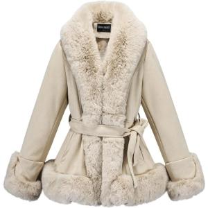 GRAN ORIENTE Suede Jacket for Women with Faux Fur Collar,Long Sleeve Warm Winter Parka Coat with Belt Outerwear(Beige Short)