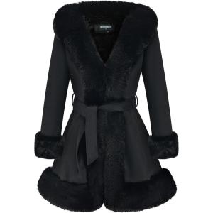 GRAN ORIENTE Suede Jacket for Women with Faux Fur Collar,Long Sleeve Warm Winter Parka Coat with Belt Outerwear(Black)