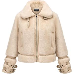 GRAN ORIENTE Womens Belted Winter Faux Fur Coats, Cropped Fuzzy Cuff Furry Zipper Up Warm Jackets Outwear(Beige)