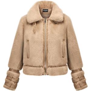 GRAN ORIENTE Womens Belted Winter Faux Fur Coats, Cropped Fuzzy Cuff Furry Zipper Up Warm Jackets Outwear(Khaki)
