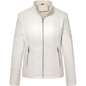 Geschallino Women’s Faux Leather Jacket Plus Size Fall Motorcycle Biker Clothes Outfits Short Fashion PU Coat (1X-5X)(Beige)