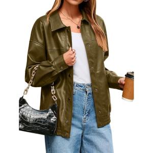 Glamaker Womens Faux Leather Jacket Trendy Outfits Loose Fit Button Down Motorcycle Bomber Jackets Fashion Fall Winter Coat(Army Green)
