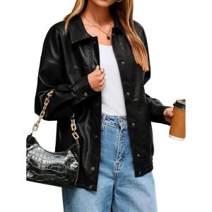 Glamaker Womens Faux Leather Jacket Trendy Outfits Loose Fit Button Down Motorcycle Bomber Jackets Fashion Fall Winter Coat(Black)