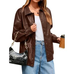Glamaker Womens Faux Leather Jacket Trendy Outfits Loose Fit Button Down Motorcycle Bomber Jackets Fashion Fall Winter Coat(Brown)