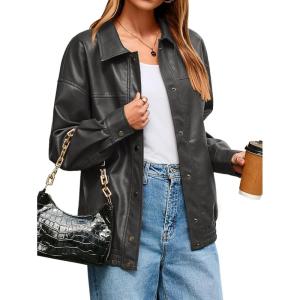 Glamaker Womens Faux Leather Jacket Trendy Outfits Loose Fit Button Down Motorcycle Bomber Jackets Fashion Fall Winter Coat(Drak Grey)
