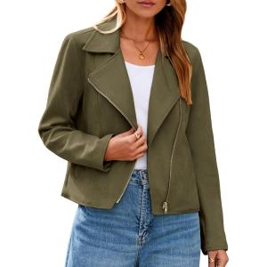 Glamaker Womens Faux Suede Jackets Long Sleeve Casual Cropped Zipper Biker Moto Jacket Fall Winter Outfits(Army Green)