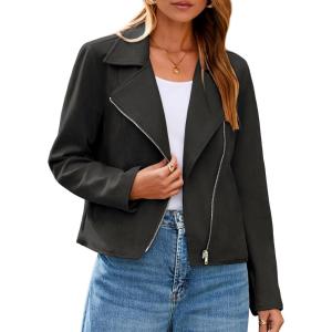 Glamaker Womens Faux Suede Jackets Long Sleeve Casual Cropped Zipper Biker Moto Jacket Fall Winter Outfits(Black)