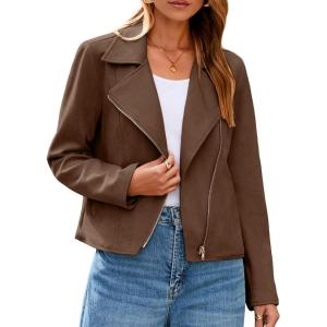 Glamaker Womens Faux Suede Jackets Long Sleeve Casual Cropped Zipper Biker Moto Jacket Fall Winter Outfits(Brown)