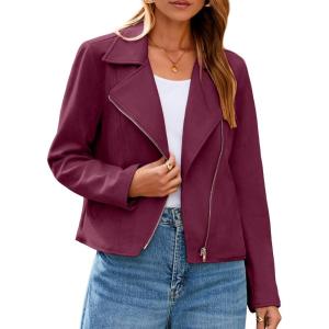 Glamaker Womens Faux Suede Jackets Long Sleeve Casual Cropped Zipper Biker Moto Jacket Fall Winter Outfits(Dark Purple)