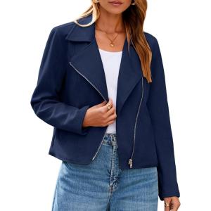 Glamaker Womens Faux Suede Jackets Long Sleeve Casual Cropped Zipper Biker Moto Jacket Fall Winter Outfits(Navy Blue)