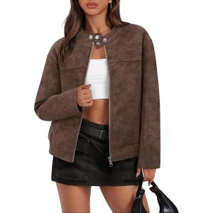 MEROKEETY Women’s 2025 Faux Suede Bomber Jackets Trendy Long Sleeve Zip Up Fall Winter Coat Outerwear(Brown)
