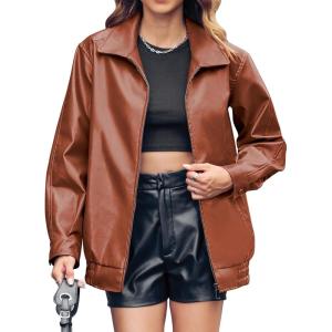 Miladusa Womens Oversized Leather Jackets Faux Casual Zip Up Trendy Bomber Motorcycle Jacket with Pockets(Brown)