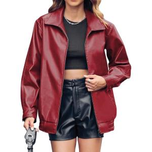 Miladusa Womens Oversized Leather Jackets Faux Casual Zip Up Trendy Bomber Motorcycle Jacket with Pockets(Dark Red)