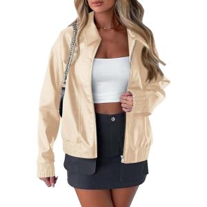 PRETTYGARDEN Women’s Faux Leather Jackets 2025 Fall Long Sleeve Bomber Jacket Zip Up Motorcycle Coats Winter Clothes(Beige White)