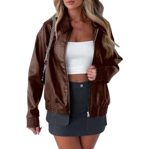 PRETTYGARDEN Women’s Faux Leather Jackets 2025 Fall Long Sleeve Bomber Jacket Zip Up Motorcycle Coats Winter Clothes(Coffee)