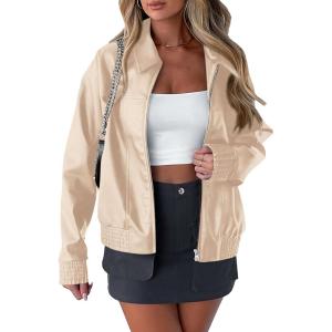 PRETTYGARDEN Women’s Faux Leather Jackets 2025 Fall Long Sleeve Bomber Jacket Zip Up Motorcycle Coats Winter Clothes(Light Khaki)