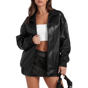 Sampeel Leather Jacket Women Faux Oversized Motorcycle Bomber Coats 2025 Fall Fashion Outfits Winter Clothes(A-black)