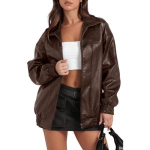 Sampeel Leather Jacket Women Faux Oversized Motorcycle Bomber Coats 2025 Fall Fashion Outfits Winter Clothes(A-brown)