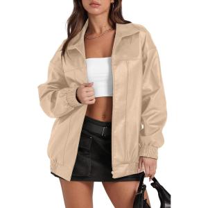 Sampeel Leather Jacket Women Faux Oversized Motorcycle Bomber Coats 2025 Fall Fashion Outfits Winter Clothes(Apricot)