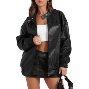 Sampeel Leather Jacket Women Faux Oversized Motorcycle Bomber Coats 2025 Fall Fashion Outfits Winter Clothes(B-black)
