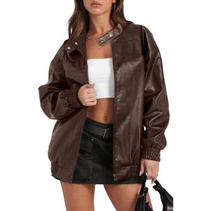 Sampeel Leather Jacket Women Faux Oversized Motorcycle Bomber Coats 2025 Fall Fashion Outfits Winter Clothes(B-brown)