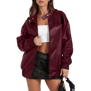 Sampeel Leather Jacket Women Faux Oversized Motorcycle Bomber Coats 2025 Fall Fashion Outfits Winter Clothes(B-red)
