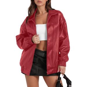 Sampeel Leather Jacket Women Faux Oversized Motorcycle Bomber Coats 2025 Fall Fashion Outfits Winter Clothes(Bright Red)