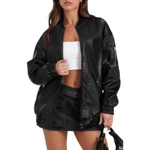 Sampeel Leather Jacket Women Faux Oversized Motorcycle Bomber Coats 2025 Fall Fashion Outfits Winter Clothes(C-black)