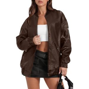 Sampeel Leather Jacket Women Faux Oversized Motorcycle Bomber Coats 2025 Fall Fashion Outfits Winter Clothes(C-brown)