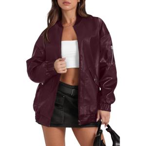Sampeel Leather Jacket Women Faux Oversized Motorcycle Bomber Coats 2025 Fall Fashion Outfits Winter Clothes(C-burgundy)