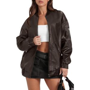 Sampeel Leather Jacket Women Faux Oversized Motorcycle Bomber Coats 2025 Fall Fashion Outfits Winter Clothes(C-coffee)