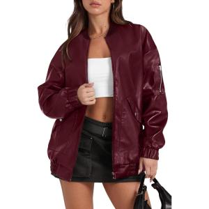 Sampeel Leather Jacket Women Faux Oversized Motorcycle Bomber Coats 2025 Fall Fashion Outfits Winter Clothes(C-red)