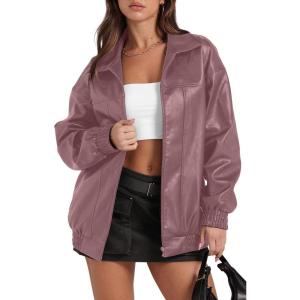Sampeel Leather Jacket Women Faux Oversized Motorcycle Bomber Coats 2025 Fall Fashion Outfits Winter Clothes(Pink)