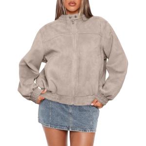 Sampeel Leather Jacket Women Faux Oversized Motorcycle Bomber Coats 2025 Fall Fashion Outfits Winter Clothes(Suede Apricot)