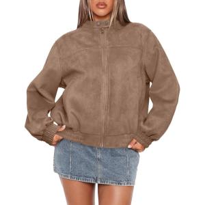 Sampeel Leather Jacket Women Faux Oversized Motorcycle Bomber Coats 2025 Fall Fashion Outfits Winter Clothes(Suede Camel)