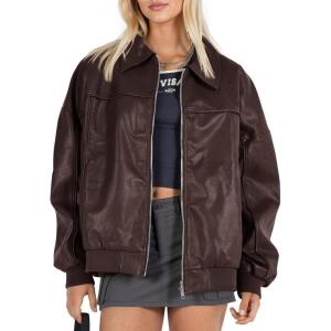 Tankaneo Womens Faux Leather Jackets Oversized Bomber Casual Fall Fashion Zip Up Moto Biker Coats(Chocolate)