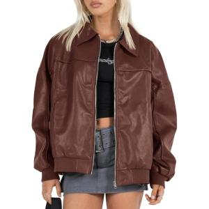 Tankaneo Womens Faux Leather Jackets Oversized Bomber Casual Fall Fashion Zip Up Moto Biker Coats(Coffee)