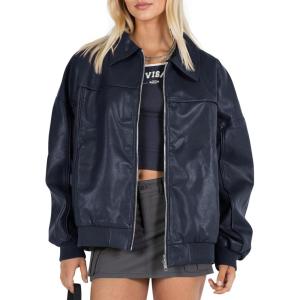 Tankaneo Womens Faux Leather Jackets Oversized Bomber Casual Fall Fashion Zip Up Moto Biker Coats(Dark Blue)