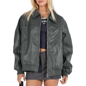 Tankaneo Womens Faux Leather Jackets Oversized Bomber Casual Fall Fashion Zip Up Moto Biker Coats(Grey Green)